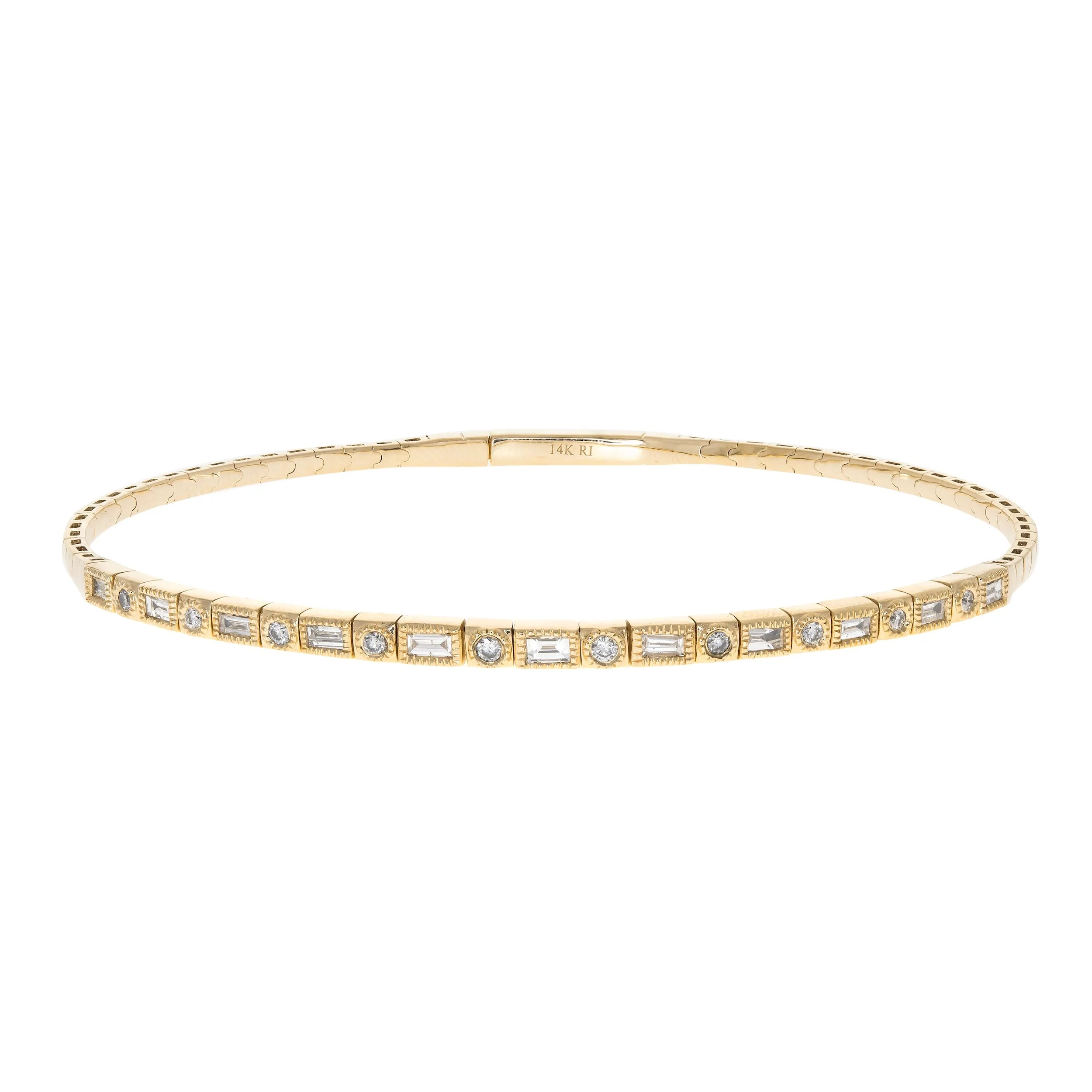 14K Yellow Gold 0.47cttw. Baguette & Round Diamond Flexible Bangle Bracelet