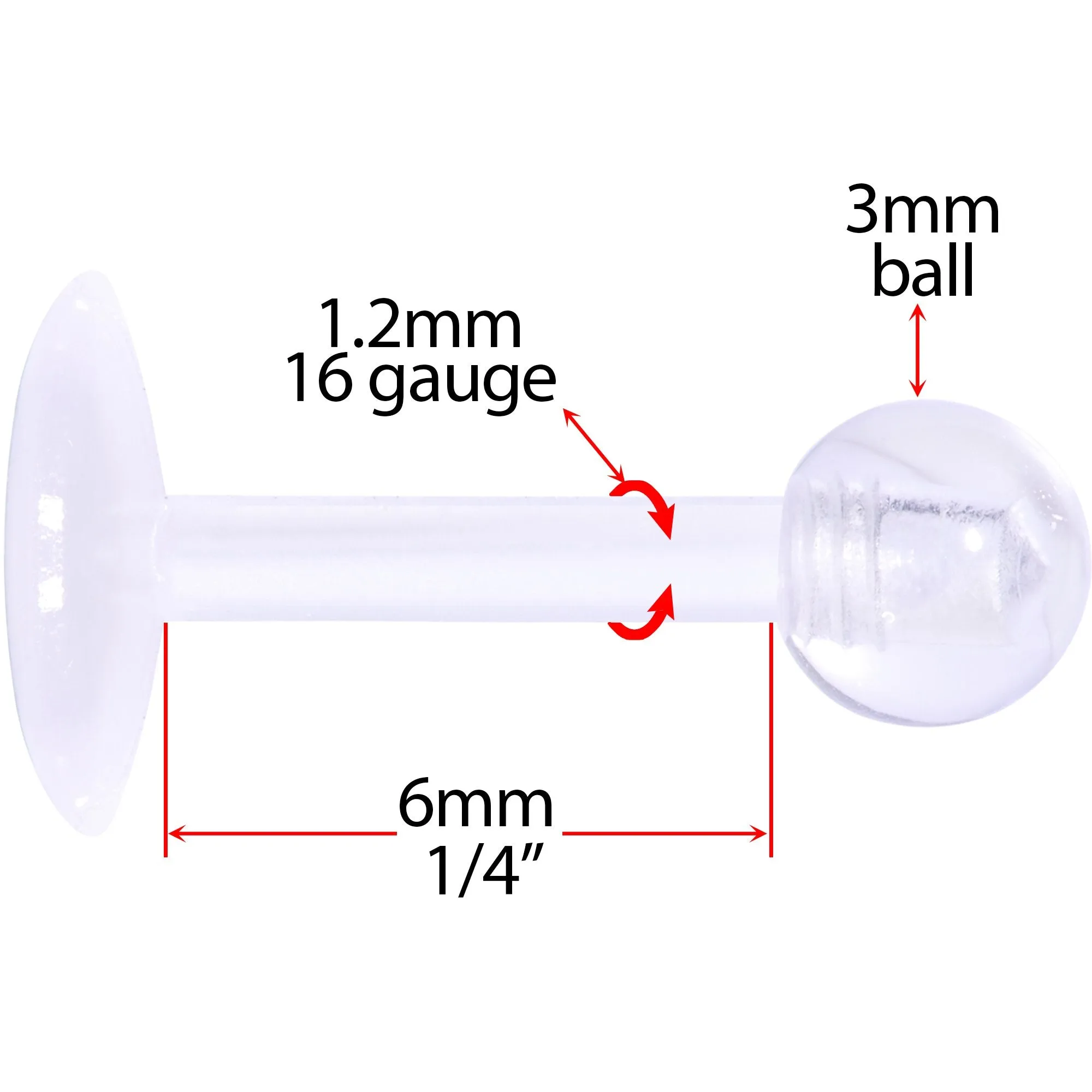 16 Gauge 1/4 Clear Flexible Bioplast Labret Monroe Tragus Retainer