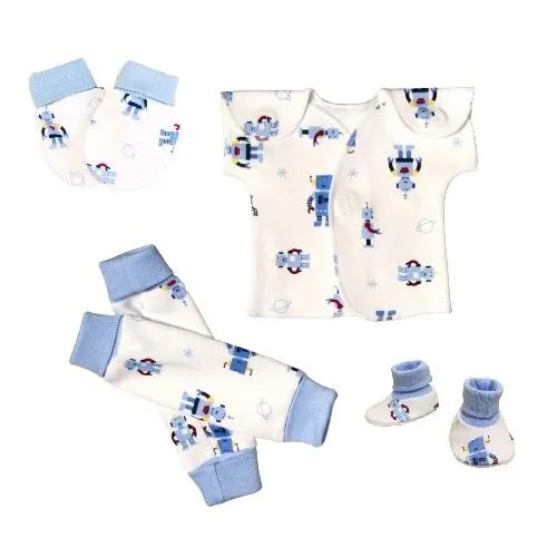 4pc Blue Robots T-Shirt, Leggings, Mittens and Booties Set