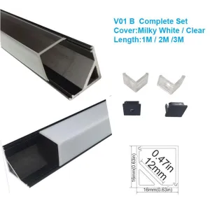 5/10/25/50 Pack Black V01 16x16mm V-Shape Vertical Angle Cover Internal Width 12mm Corner Mounting LED Aluminum Channel with End Caps and Mounting Clips Aluminum Extrusion