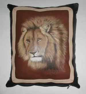 African Lion Original Art Leather & Suede Pillow Cover Original Painting on Leather