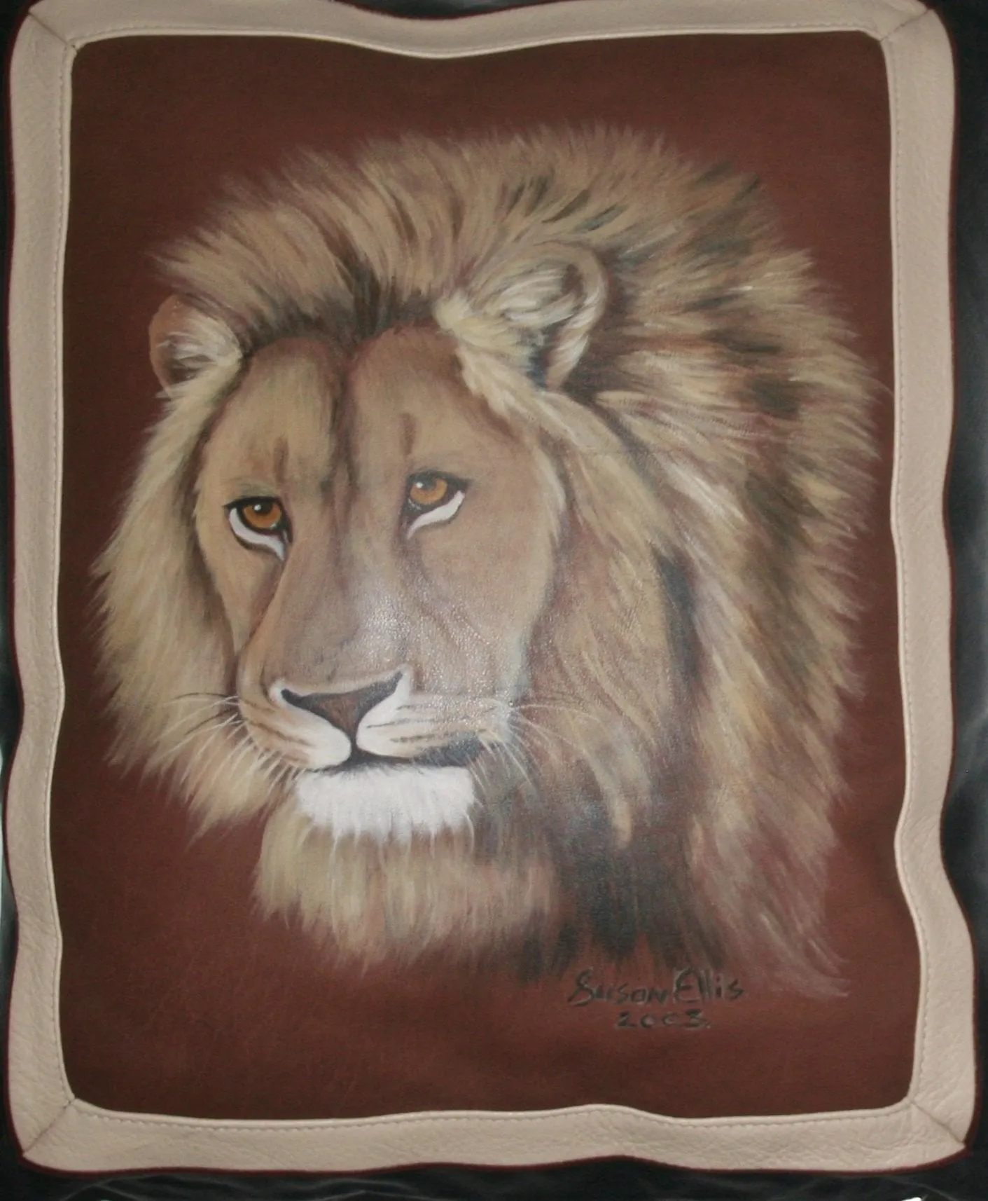 African Lion Original Art Leather & Suede Pillow Cover Original Painting on Leather