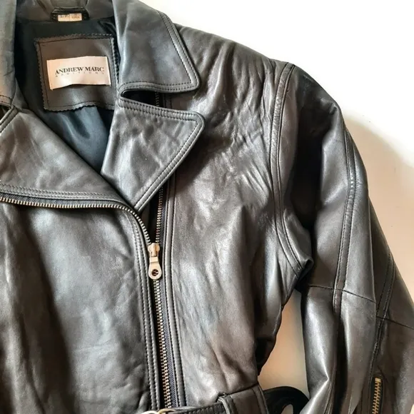 ANDREW MARC leather brown chic belted jacket buttery soft belted zip jacket sz S