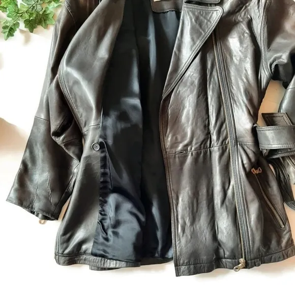 ANDREW MARC leather brown chic belted jacket buttery soft belted zip jacket sz S