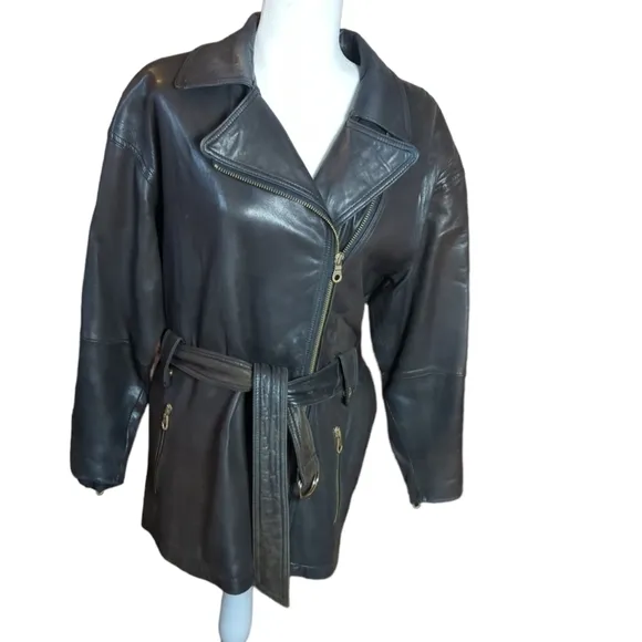 ANDREW MARC leather brown chic belted jacket buttery soft belted zip jacket sz S