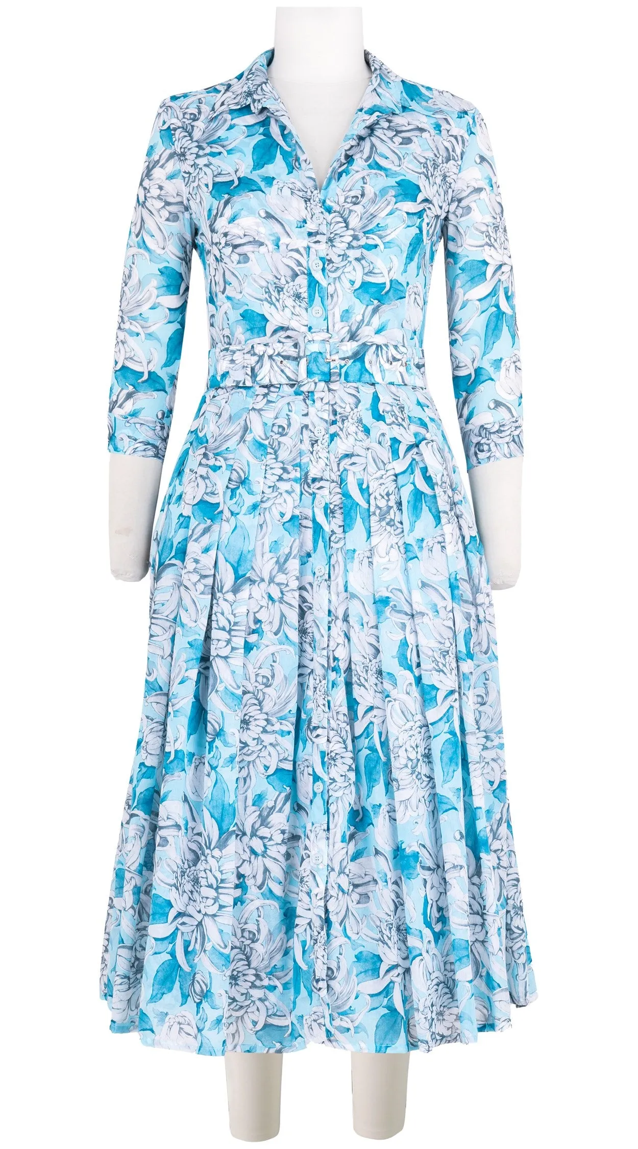 Audrey Dress #4 Shirt Collar 3/4 Sleeve Midi Length Cotton Musola (Chrysanthemum Flower Big)
