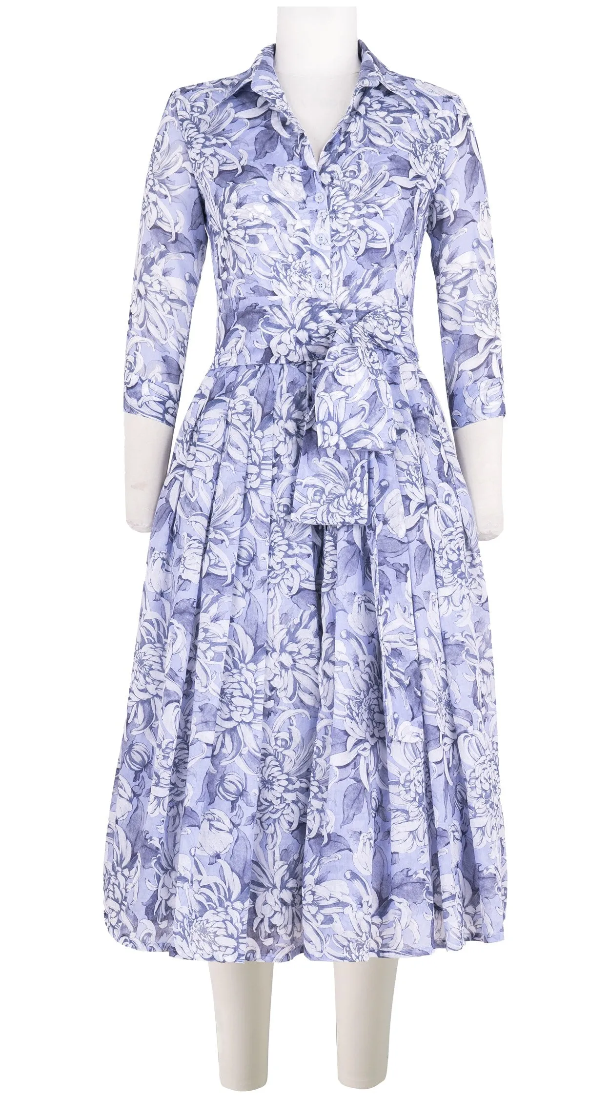 Audrey Dress #4 Shirt Collar 3/4 Sleeve Midi Length Cotton Musola (Chrysanthemum Flower Big)