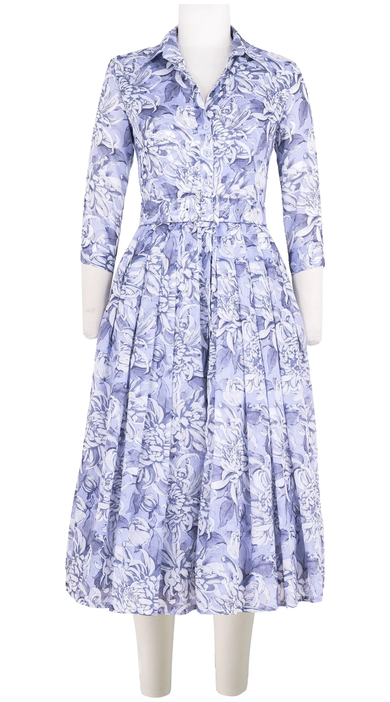 Audrey Dress #4 Shirt Collar 3/4 Sleeve Midi Length Cotton Musola (Chrysanthemum Flower Big)