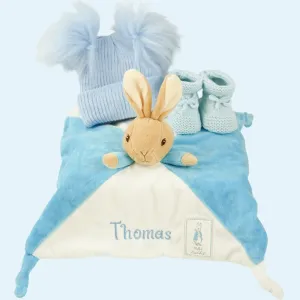 Baby Boy Gift Box, Personalisable Beatrix Potter Peter Rabbit Comforter , Baby Fluffy Pompom Hat