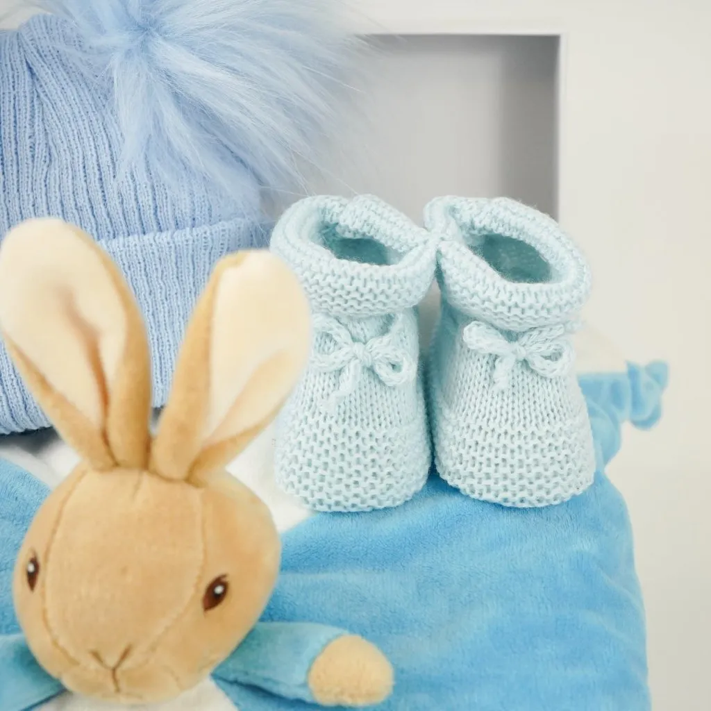 Baby Boy Gift Box, Personalisable Beatrix Potter Peter Rabbit Comforter , Baby Fluffy Pompom Hat