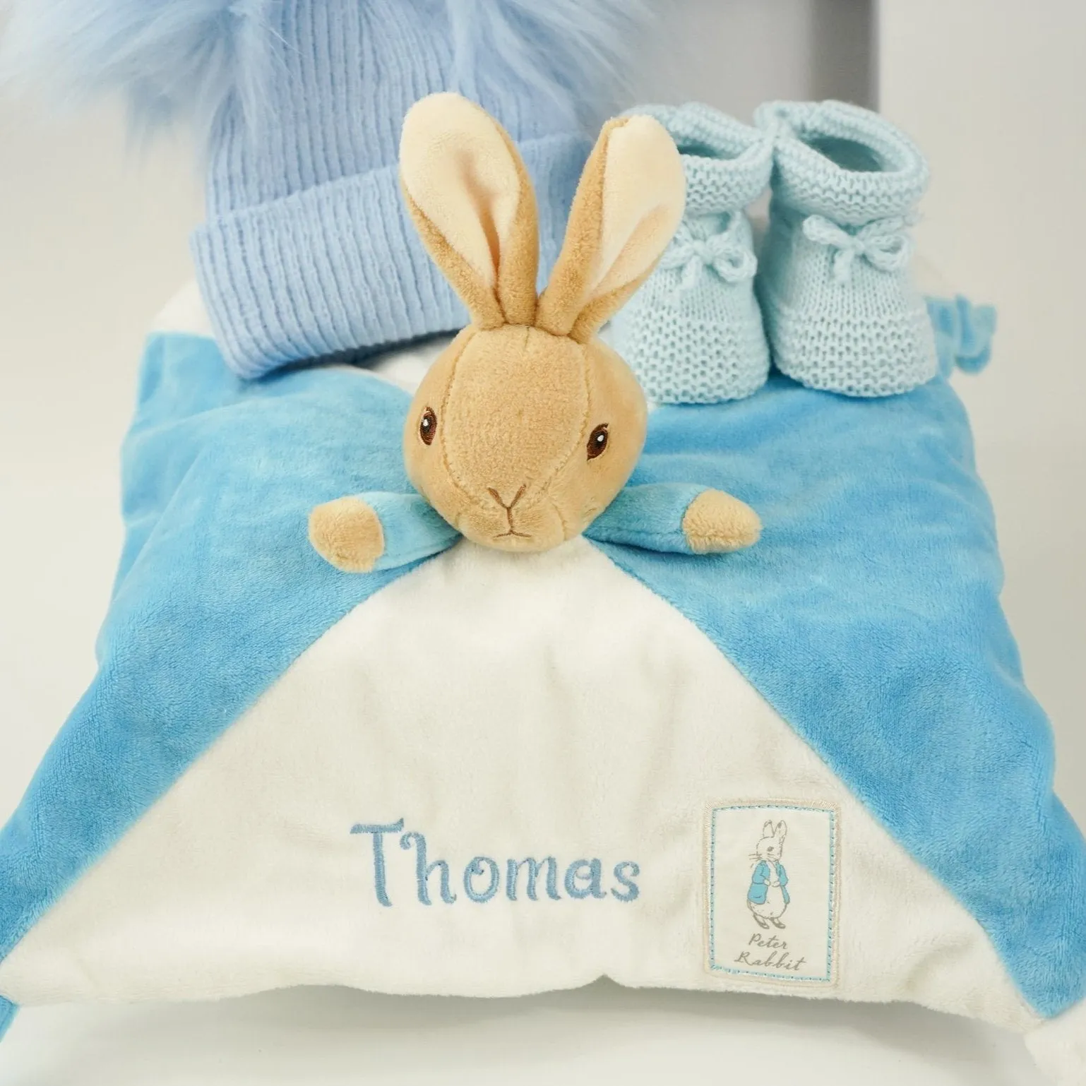 Baby Boy Gift Box, Personalisable Beatrix Potter Peter Rabbit Comforter , Baby Fluffy Pompom Hat