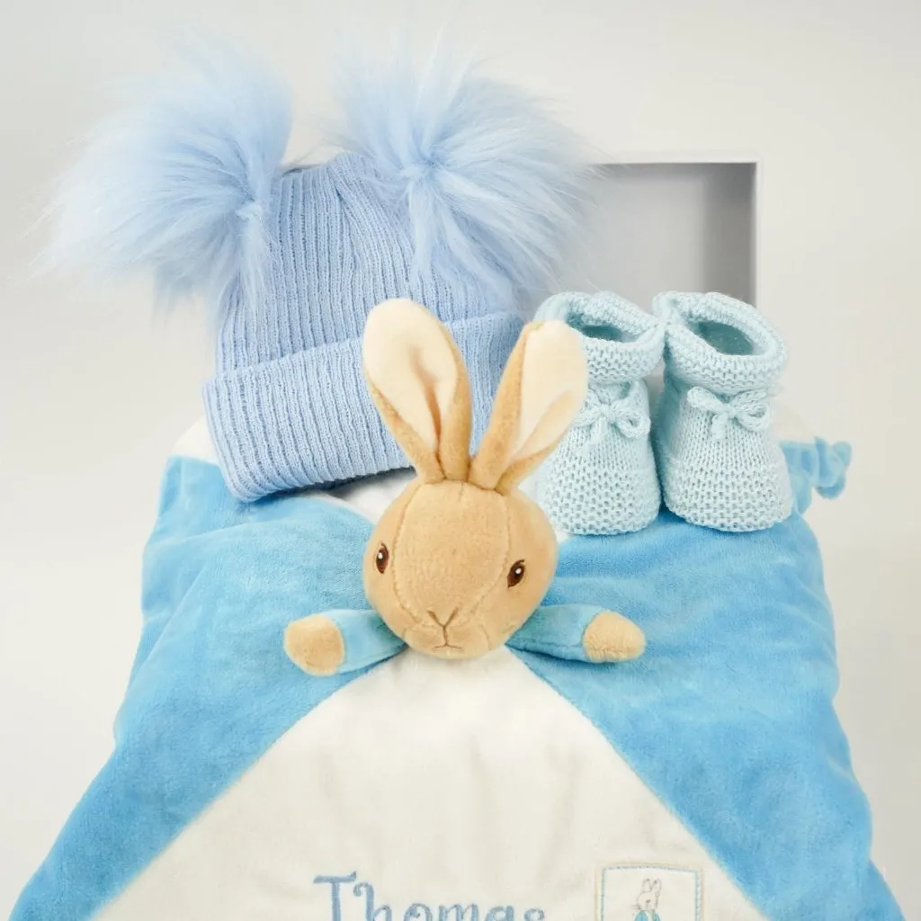 Baby Boy Gift Box, Personalisable Beatrix Potter Peter Rabbit Comforter , Baby Fluffy Pompom Hat