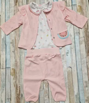 Baby Girls Pink Ribbed 3 Piece Melon Design  Set