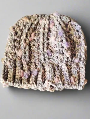 Beautiful soft crocheted baby hat in gray with lovely speckled multicolor