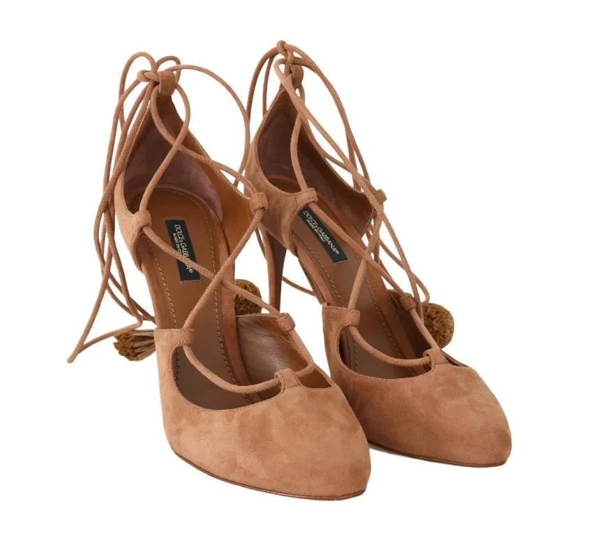 Beige Suede Tassel Ankle Strap Pumps