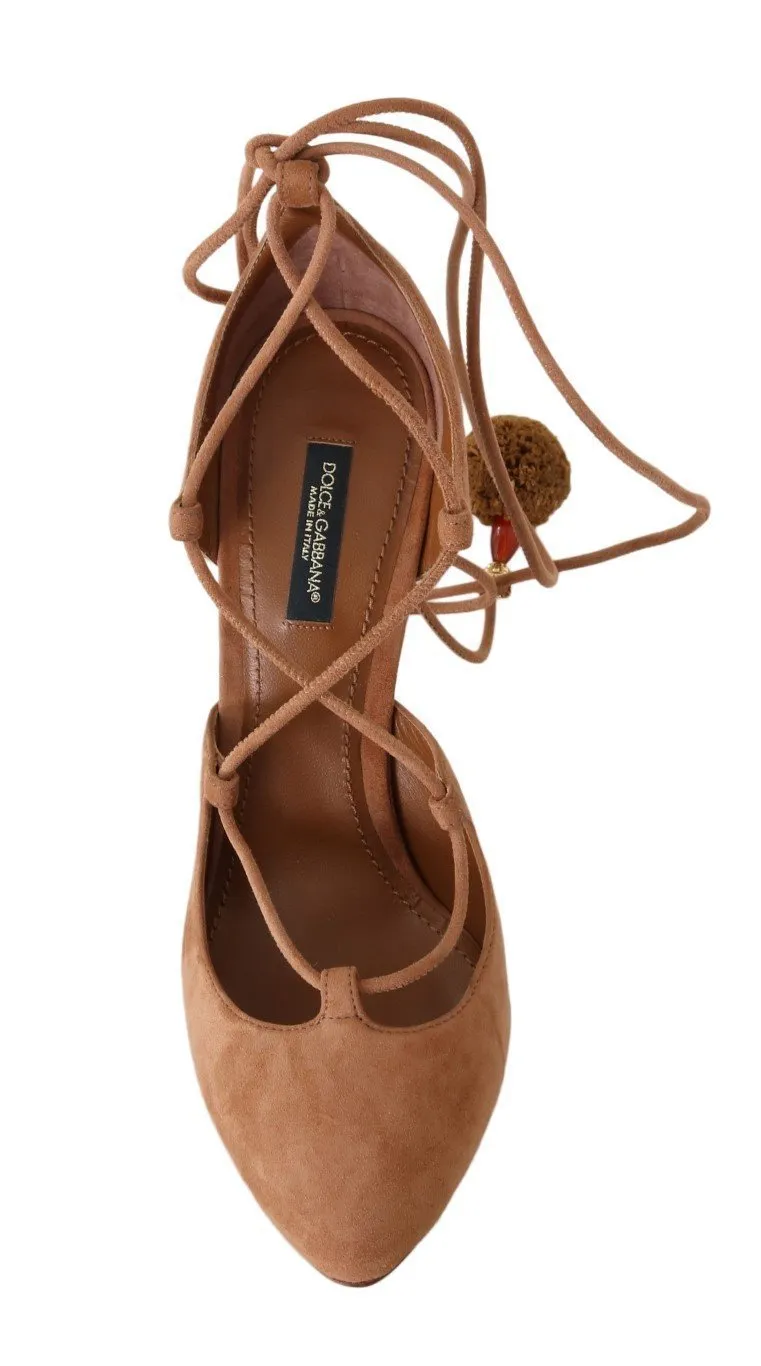 Beige Suede Tassel Ankle Strap Pumps