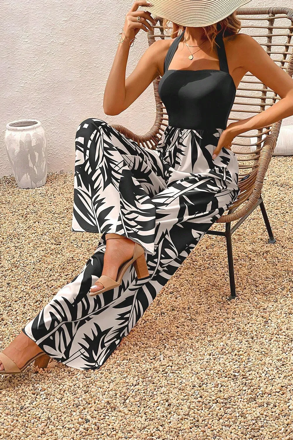 Black Halter Tropical Plant Print Wide Leg Jumpsuit