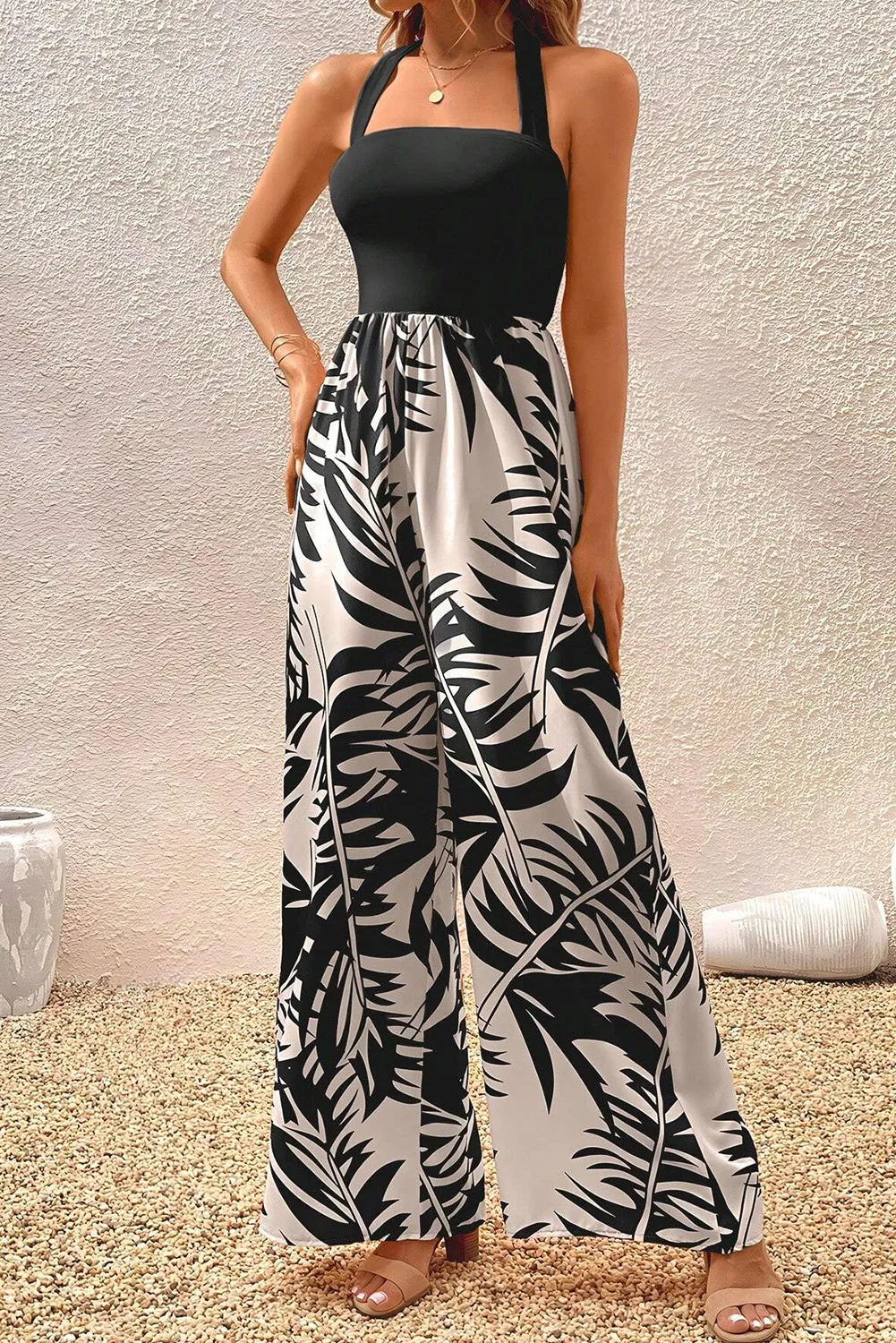 Black Halter Tropical Plant Print Wide Leg Jumpsuit