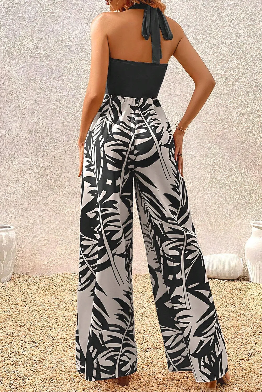 Black Halter Tropical Plant Print Wide Leg Jumpsuit