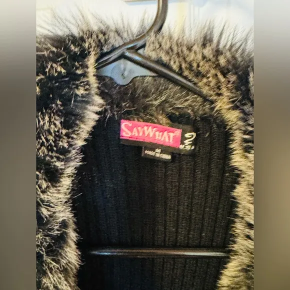 Black Suede/Sweater Cardigan with Fur collar  (M)