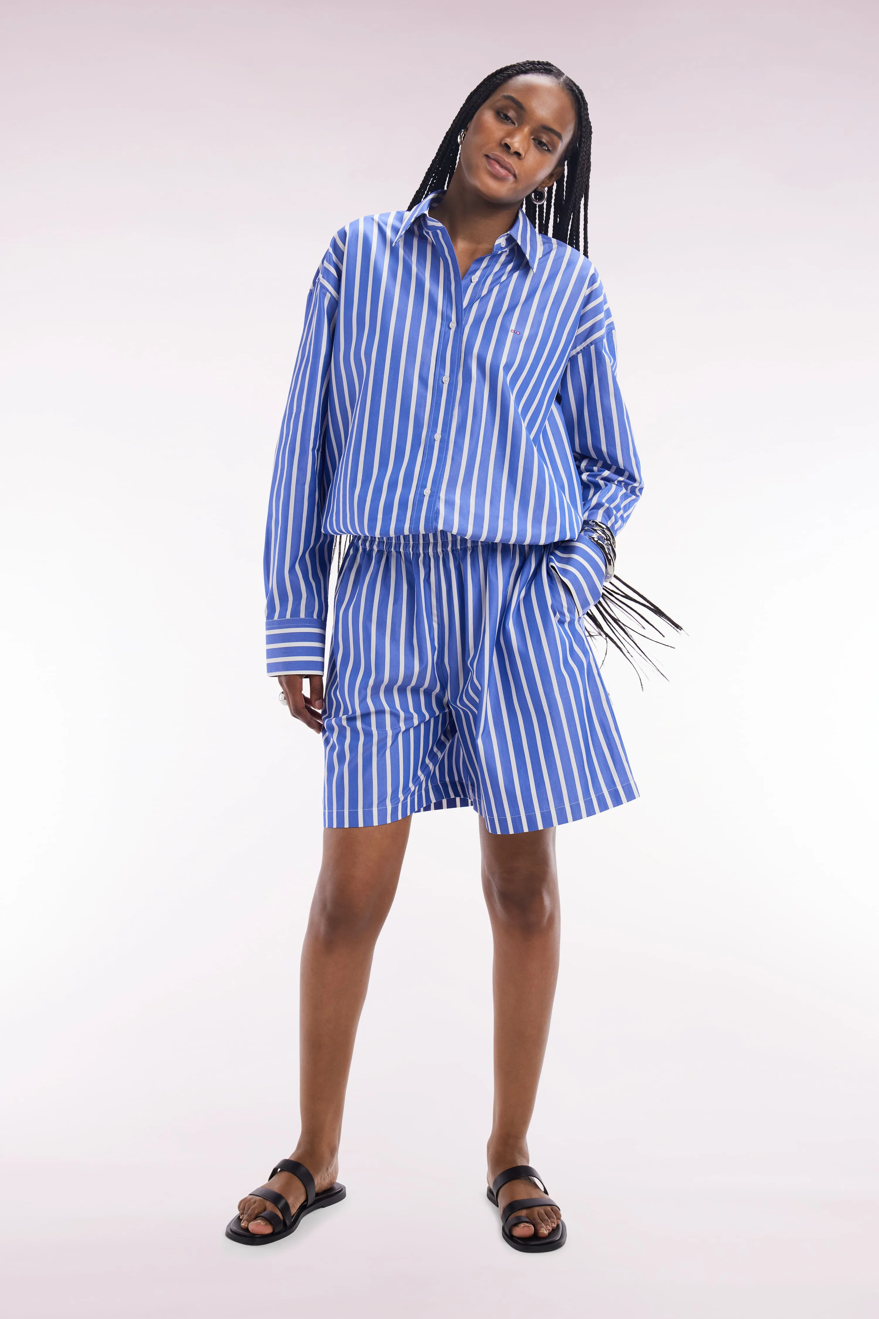 Chemise en coton bleue à rayures blanches coupe Oversized