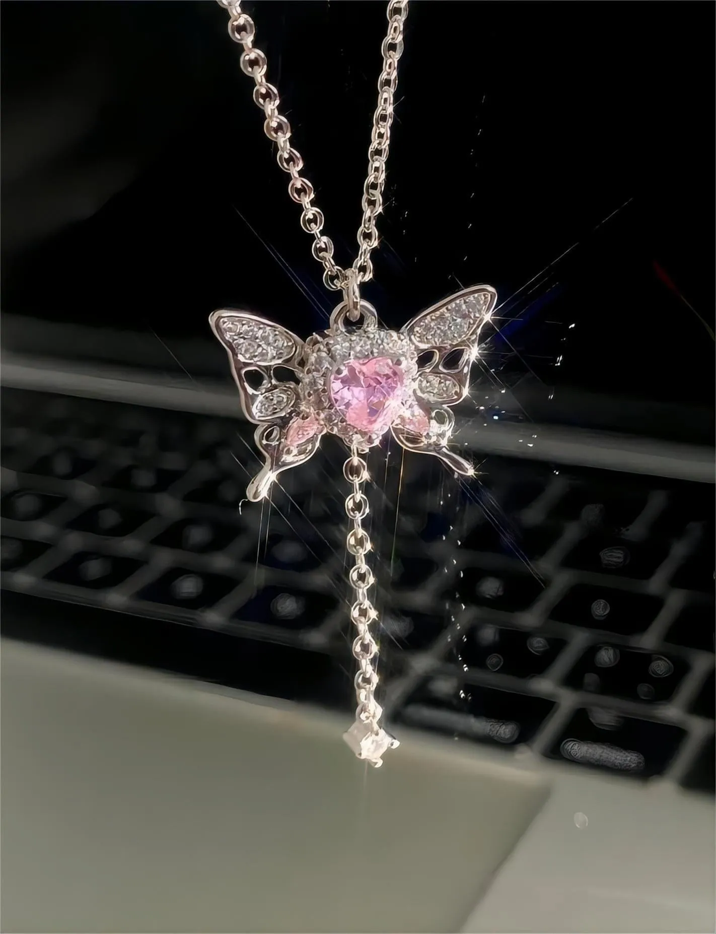 Chic CZ Inlaid Butterfly Heart Necklace