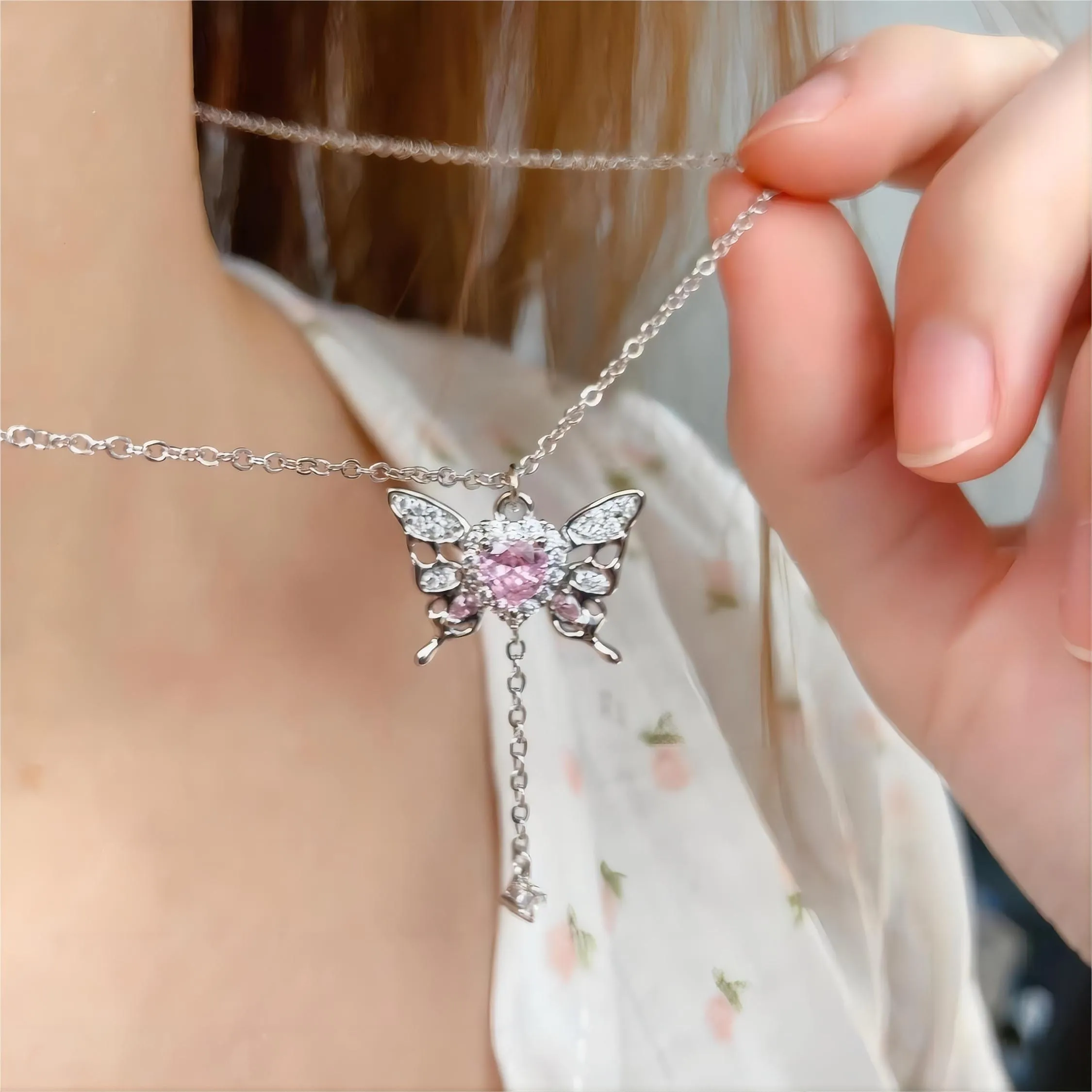 Chic CZ Inlaid Butterfly Heart Necklace