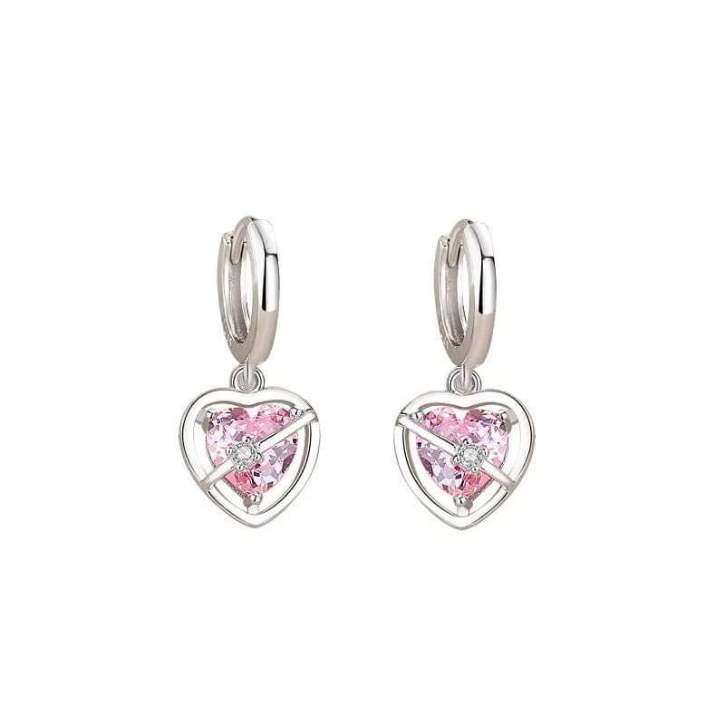 Chic CZ Inlaid Pink Crystal Dangle Heart Earrings