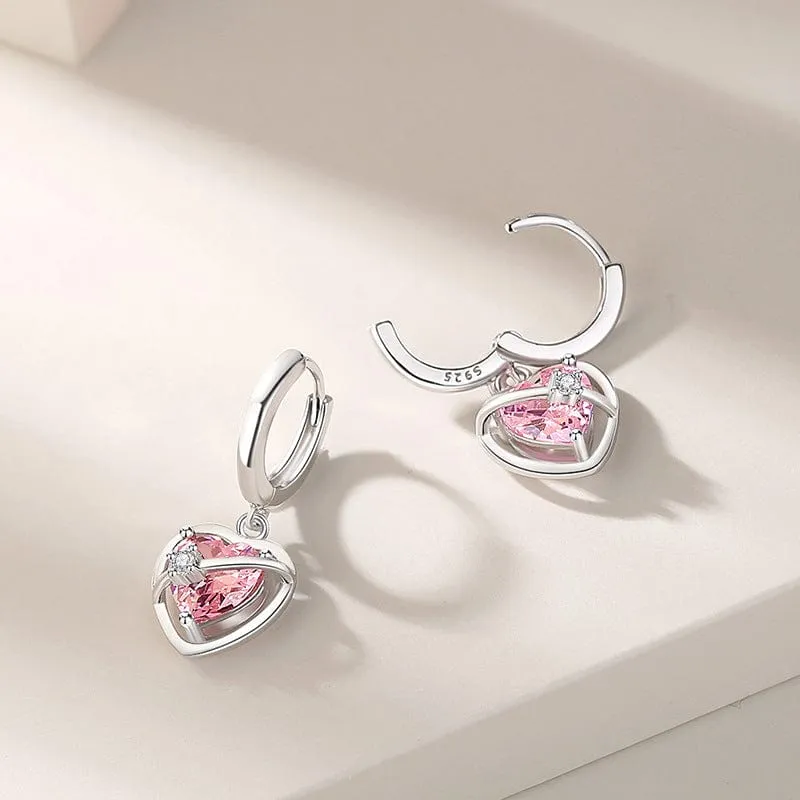 Chic CZ Inlaid Pink Crystal Dangle Heart Earrings
