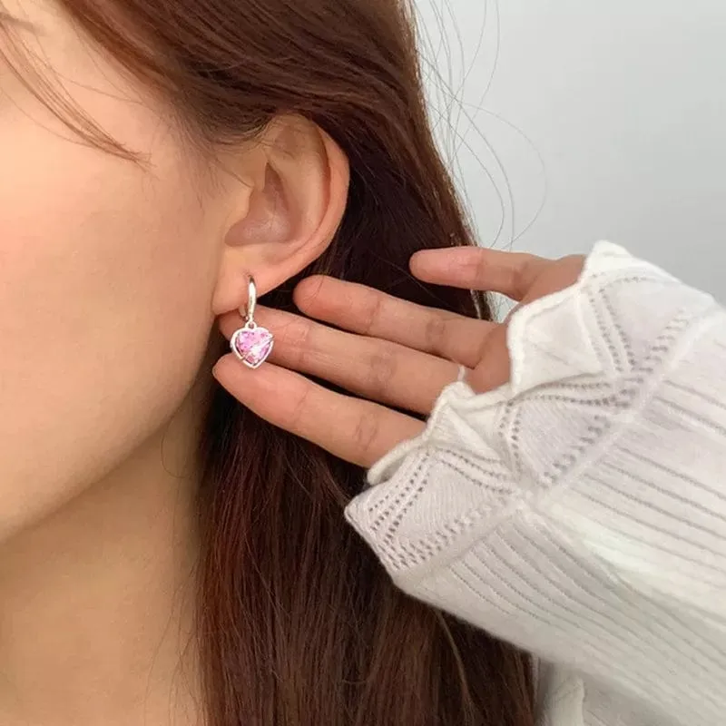 Chic CZ Inlaid Pink Crystal Dangle Heart Earrings