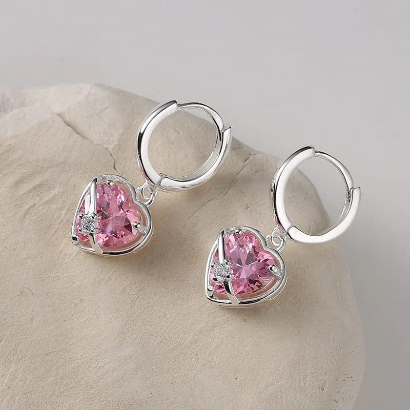 Chic CZ Inlaid Pink Crystal Dangle Heart Earrings