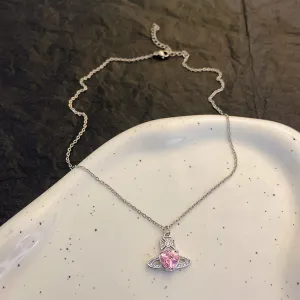 Chic CZ Inlaid Saturn Heart Necklace