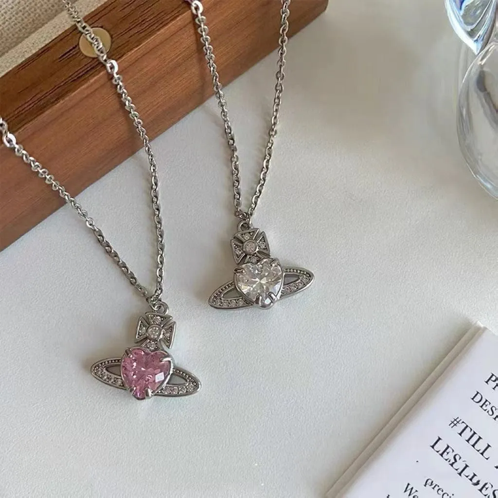Chic CZ Inlaid Saturn Heart Necklace