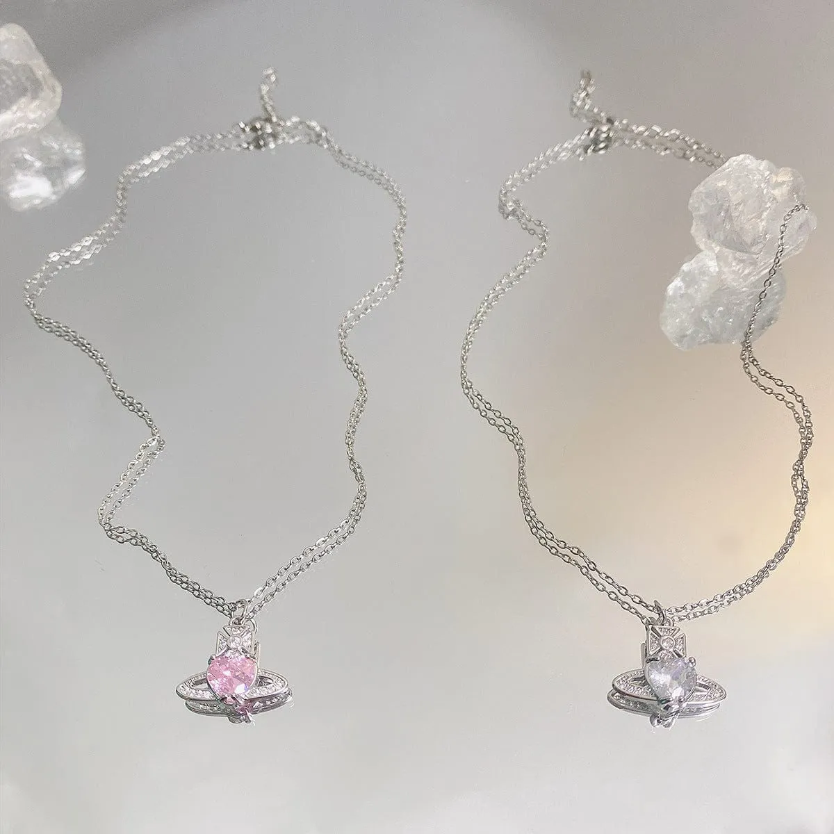 Chic CZ Inlaid Saturn Heart Necklace