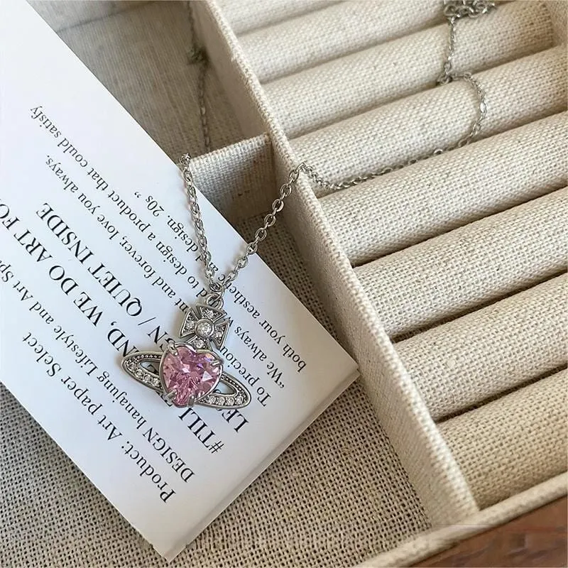 Chic CZ Inlaid Saturn Heart Necklace