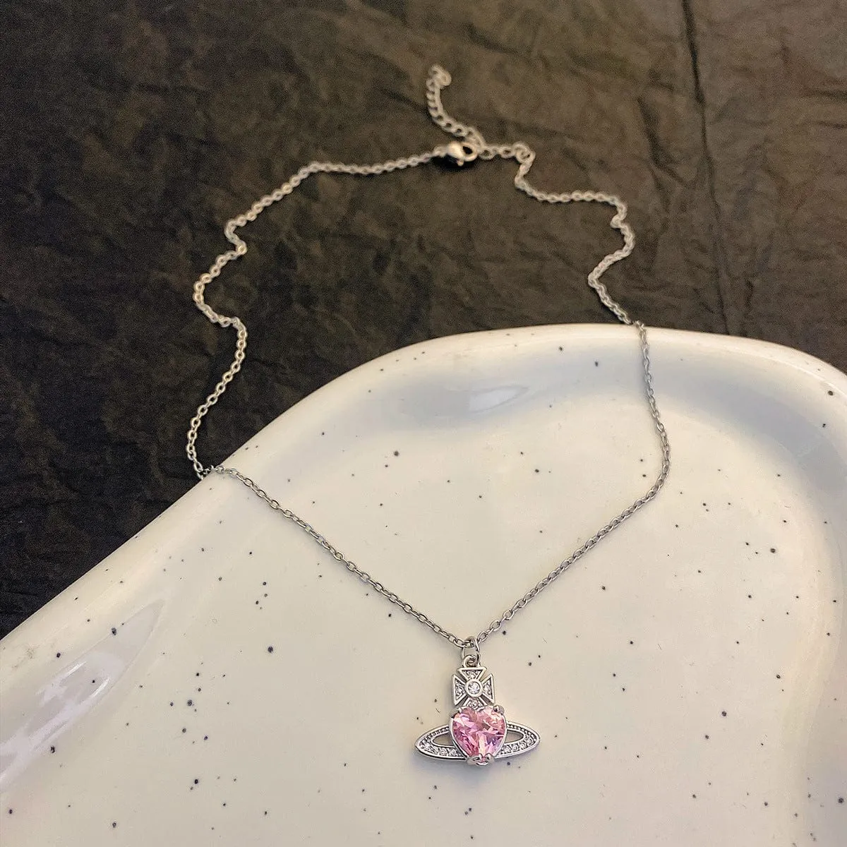 Chic CZ Inlaid Saturn Heart Necklace