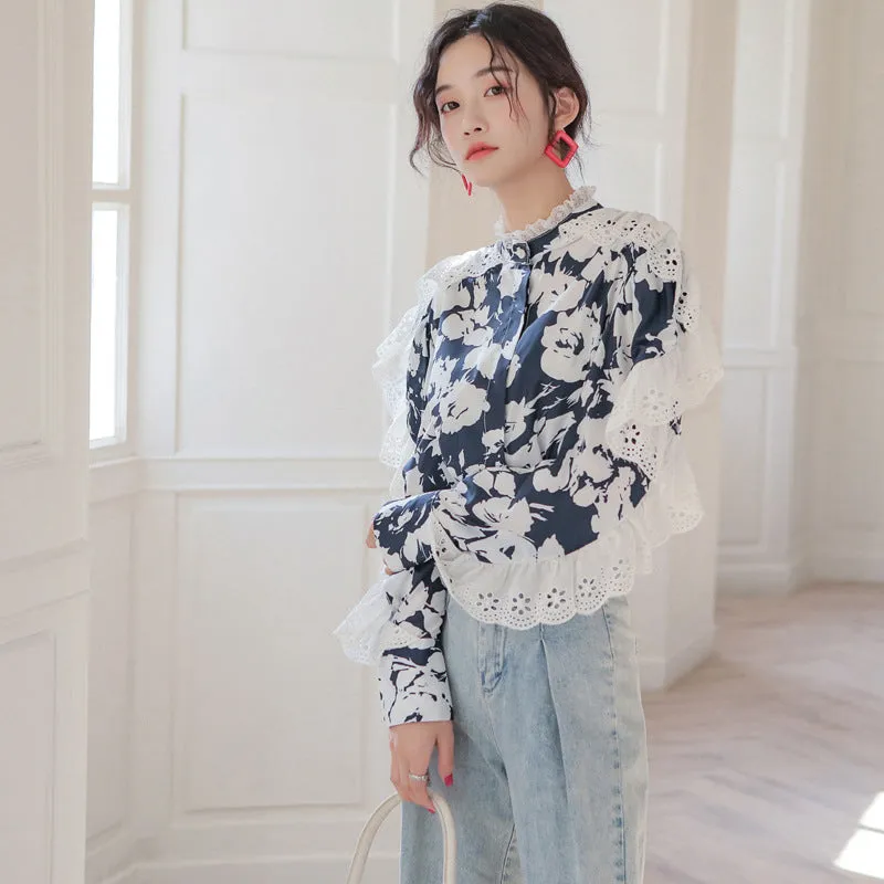 CHIC FLOWER PRINT LACE LONG SLEEVE SHIRT UB2835