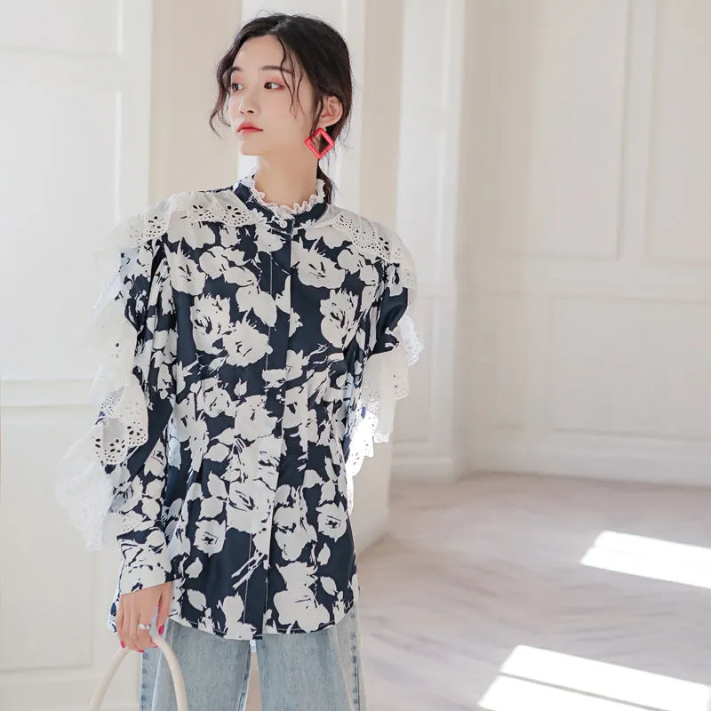 CHIC FLOWER PRINT LACE LONG SLEEVE SHIRT UB2835