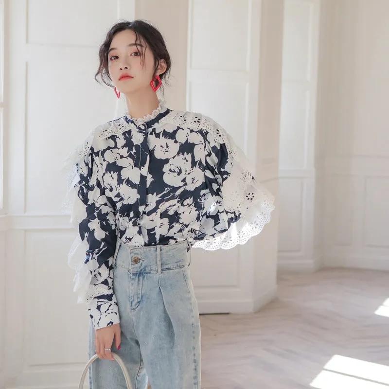 CHIC FLOWER PRINT LACE LONG SLEEVE SHIRT UB2835