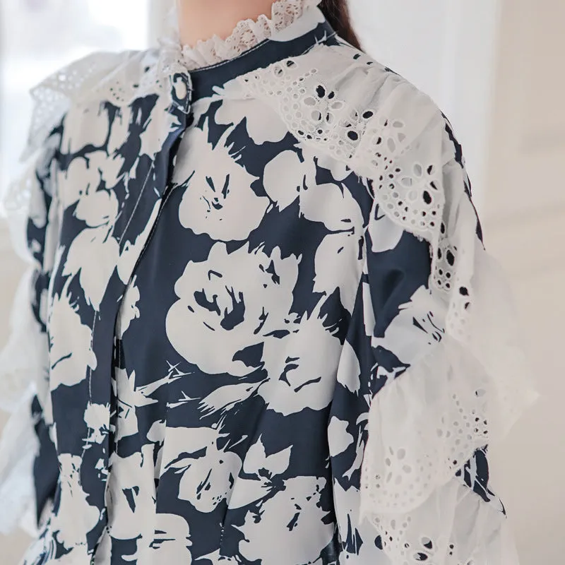 CHIC FLOWER PRINT LACE LONG SLEEVE SHIRT UB2835