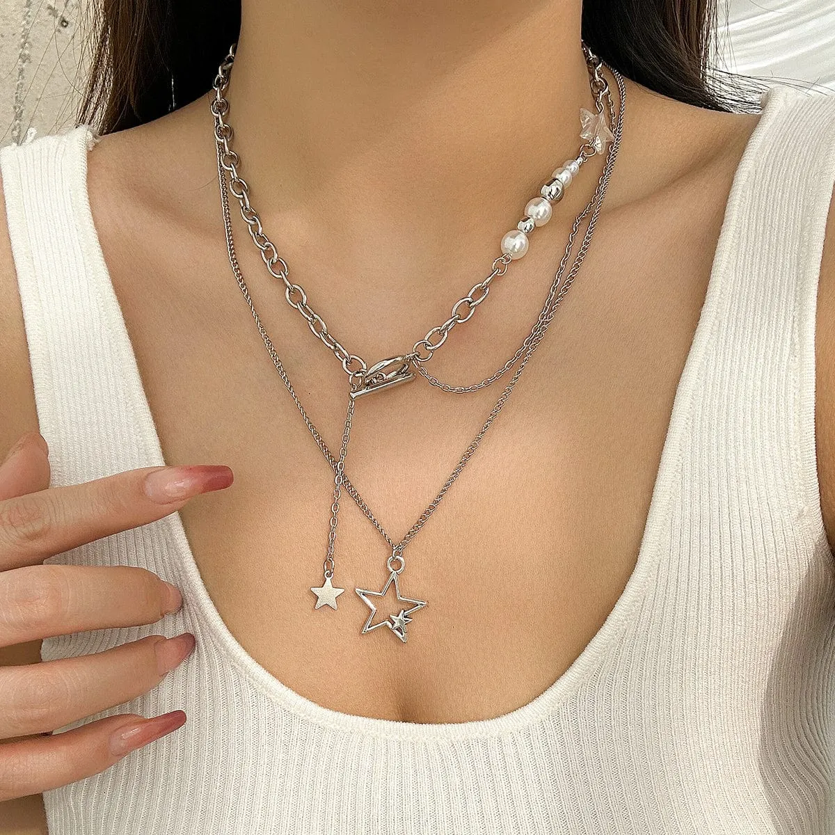 Chic Layered Star Pendant Pearl Chain Y Necklace Set