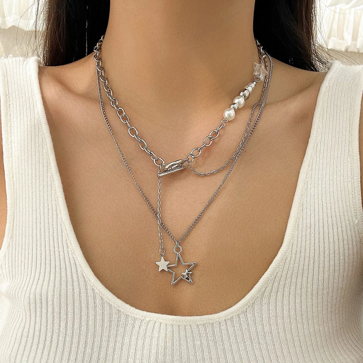 Chic Layered Star Pendant Pearl Chain Y Necklace Set