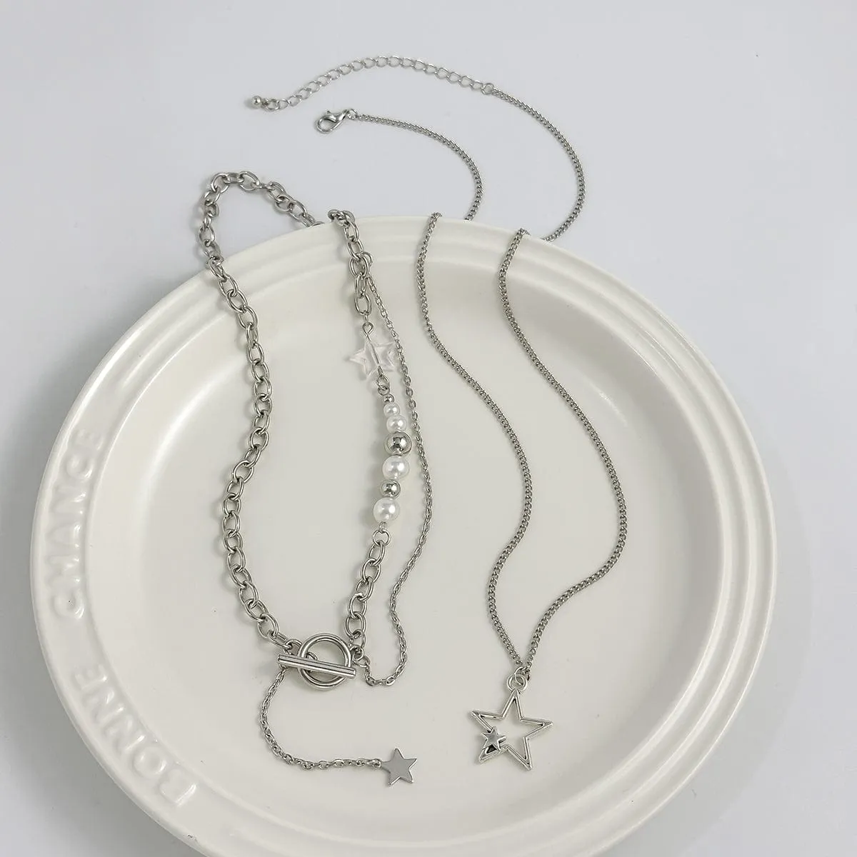 Chic Layered Star Pendant Pearl Chain Y Necklace Set