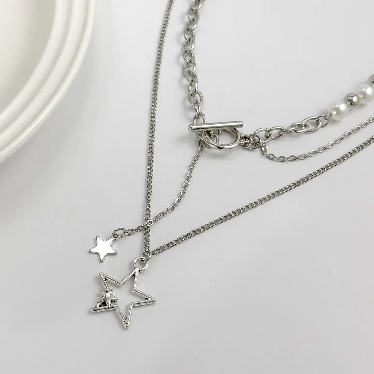 Chic Layered Star Pendant Pearl Chain Y Necklace Set