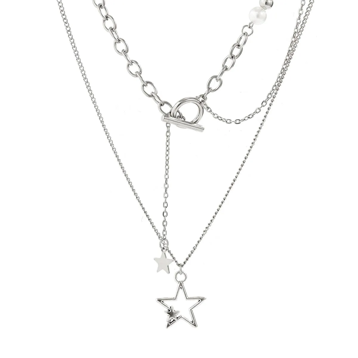 Chic Layered Star Pendant Pearl Chain Y Necklace Set