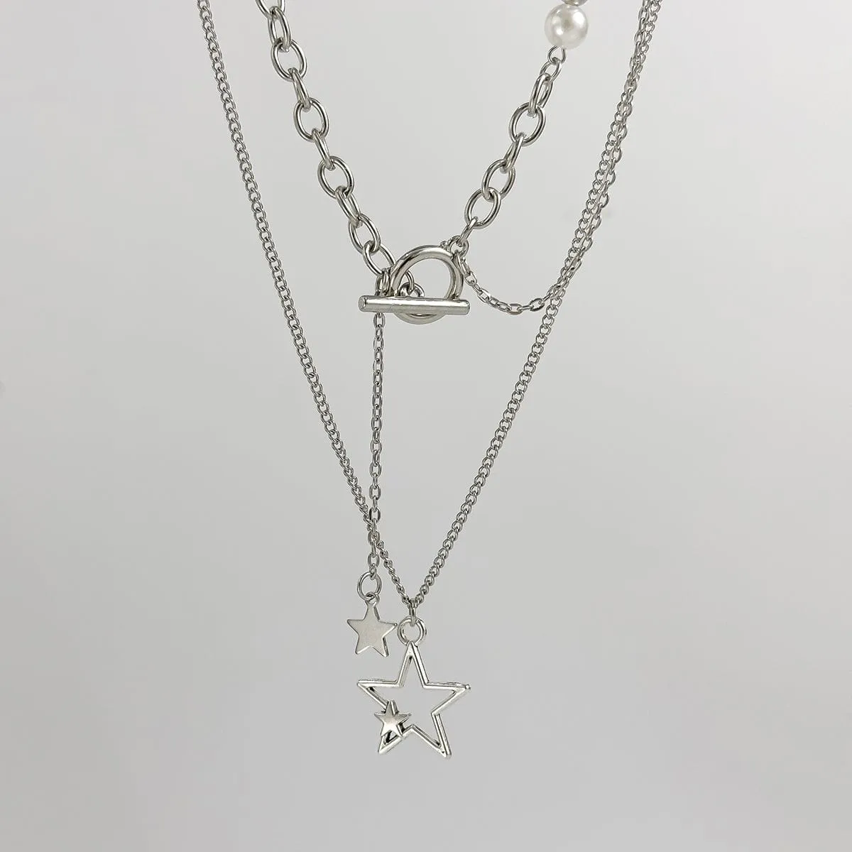 Chic Layered Star Pendant Pearl Chain Y Necklace Set