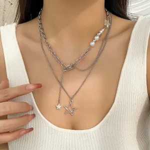 Chic Layered Star Pendant Pearl Chain Y Necklace Set
