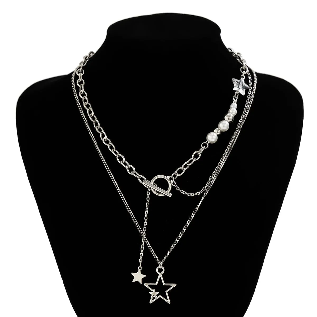 Chic Layered Star Pendant Pearl Chain Y Necklace Set