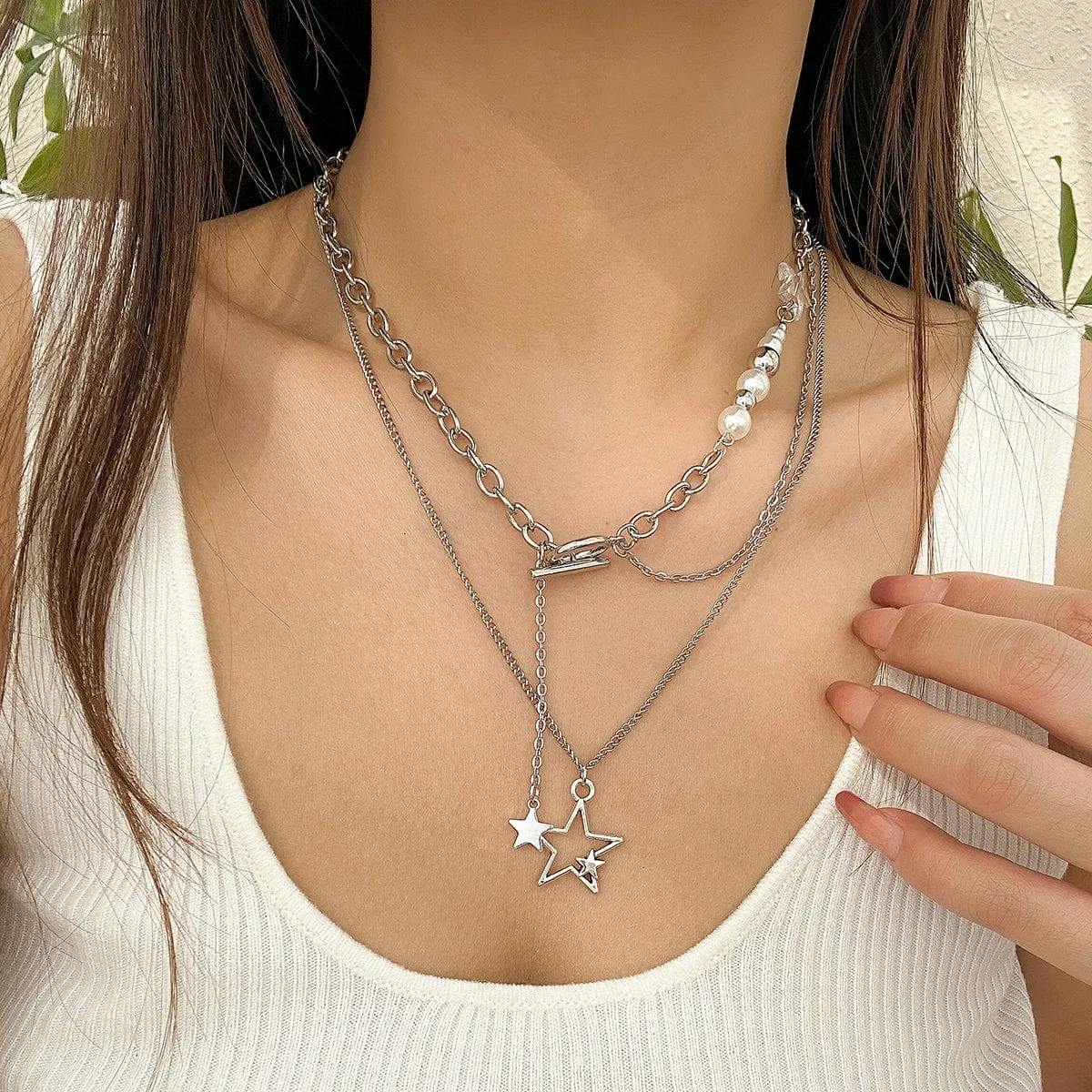 Chic Layered Star Pendant Pearl Chain Y Necklace Set