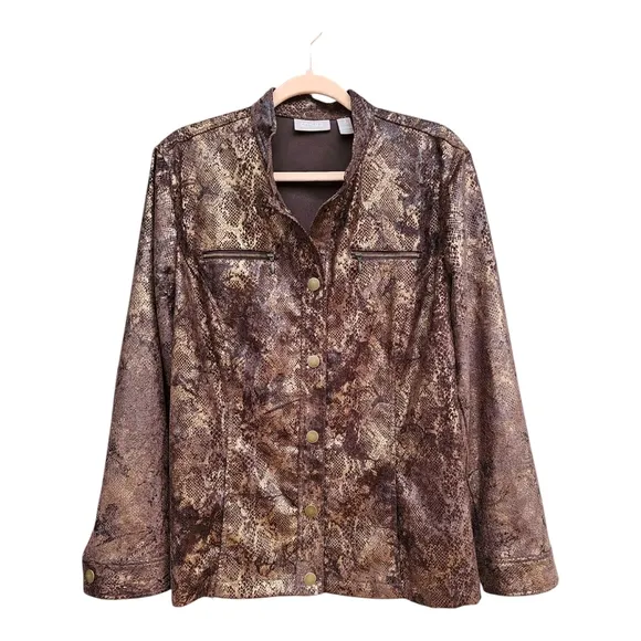Chico's Brown Metallic Sheen Snakeskin Print Jacket Size 3 (XL)